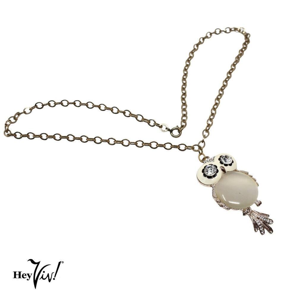 Vintage Enamel Owl Pendant Necklace Rhinestone Eyes Tail Moves 24" Chain Hey Viv